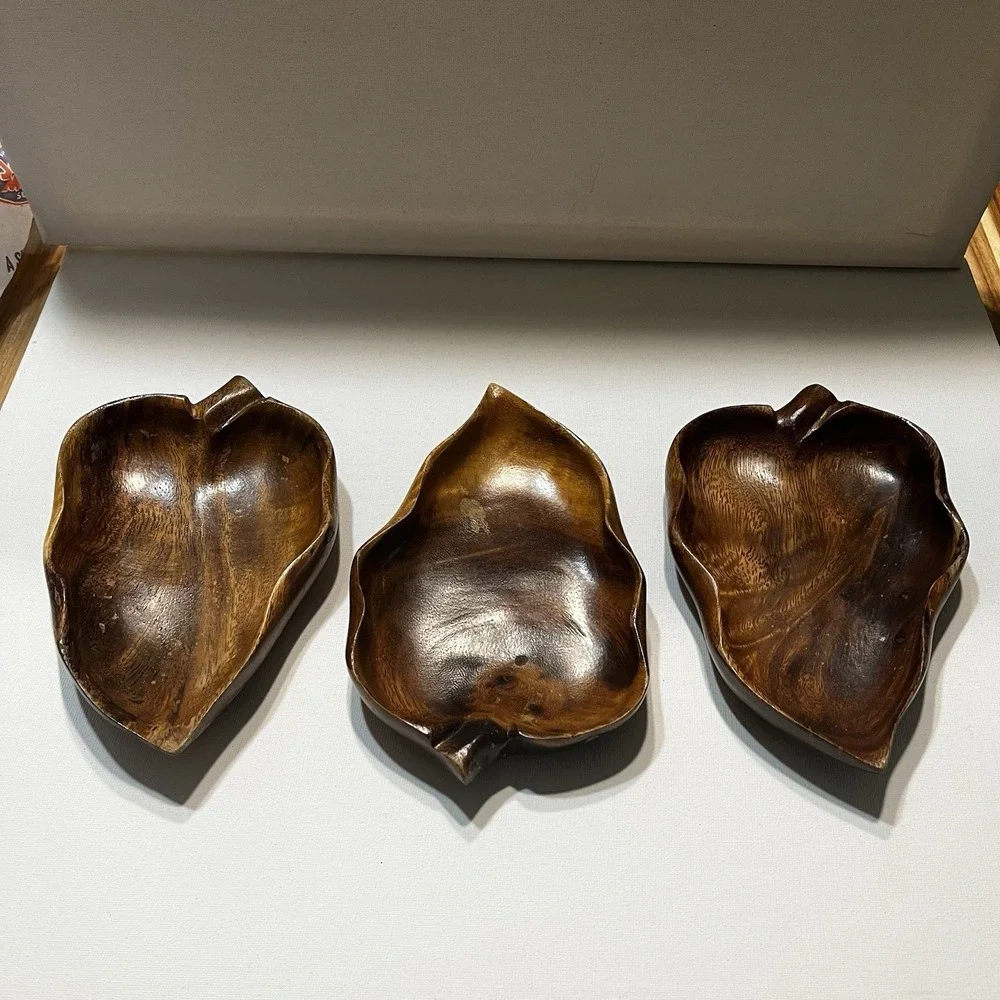 Vintage Monkey‎ Pod Wood Leaf Bowls Set of 3 Hawaii Serving Dishes MCM